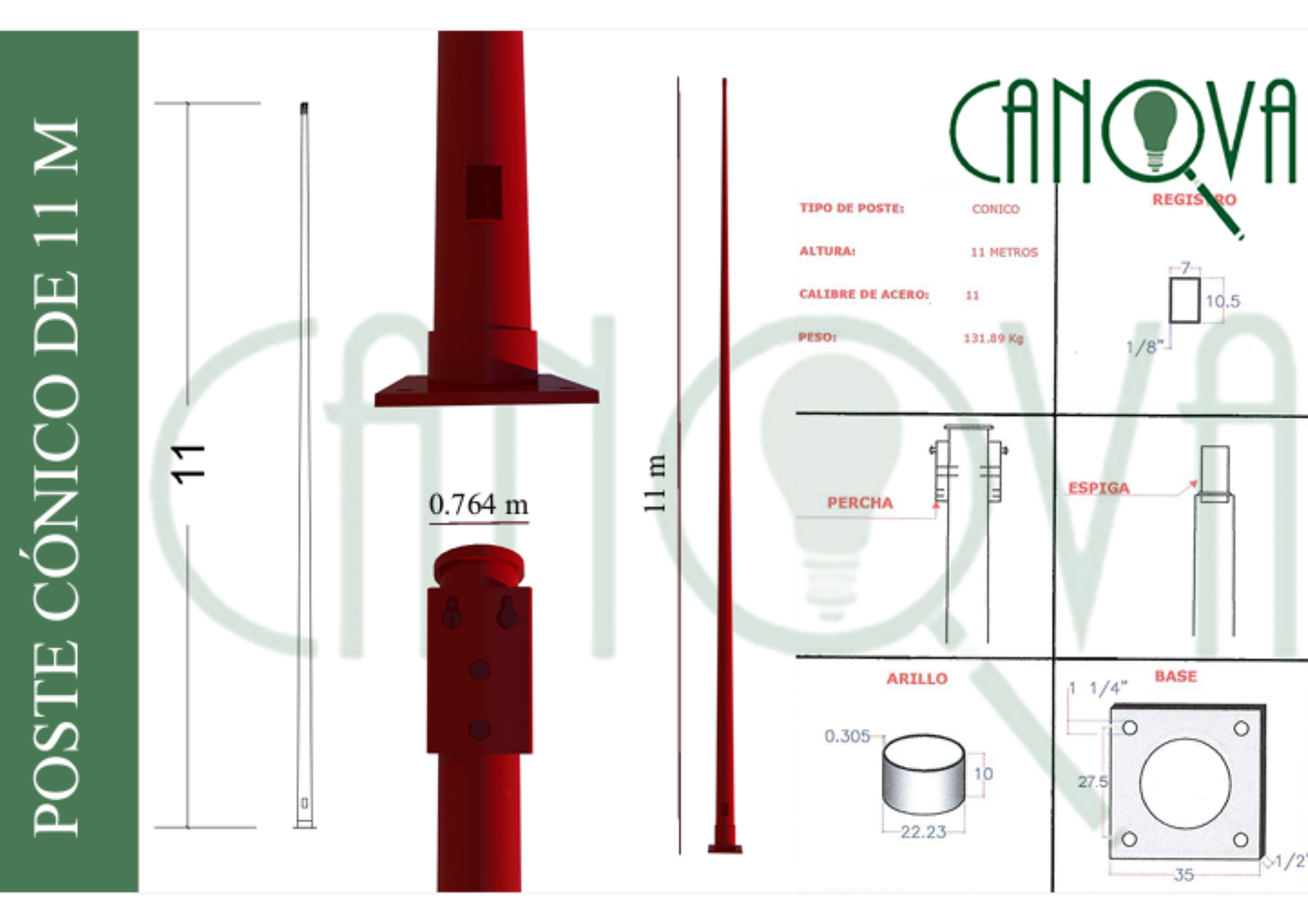 POSTE METÁLICO CÓNICO CIRCULAR 11 MTS