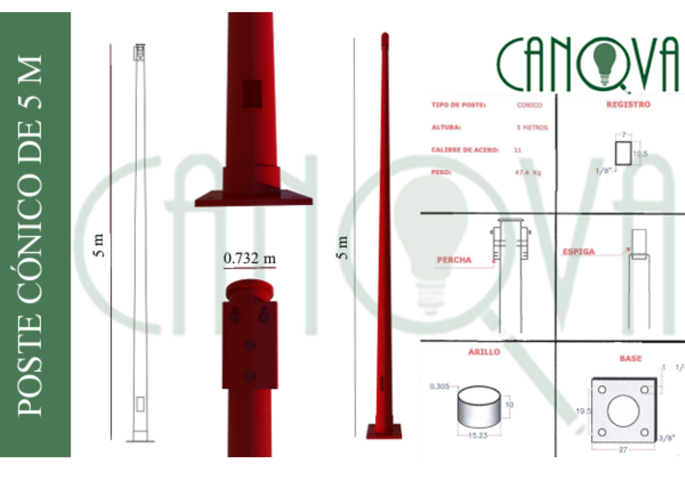 POSTE METÁLICO CONICO CIRCULAR 5 MTS