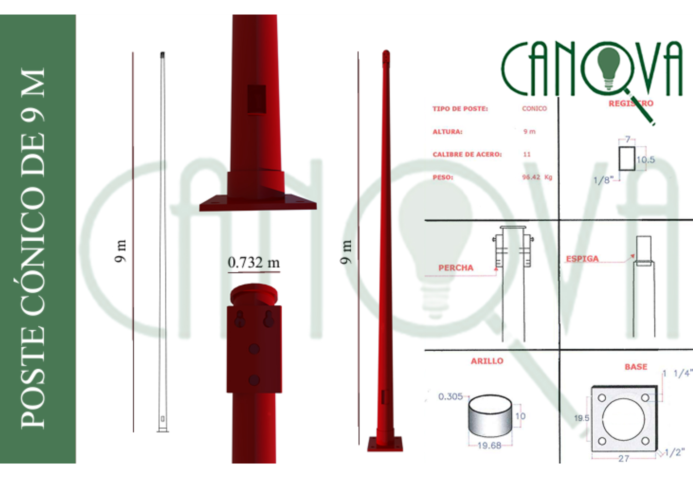 POSTE METÁLICO CÓNICO CIRCULAR 9 metros