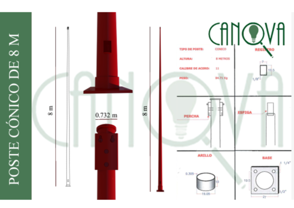 POSTE METÁLICO CÓNICO CIRCULAR 8 MTS