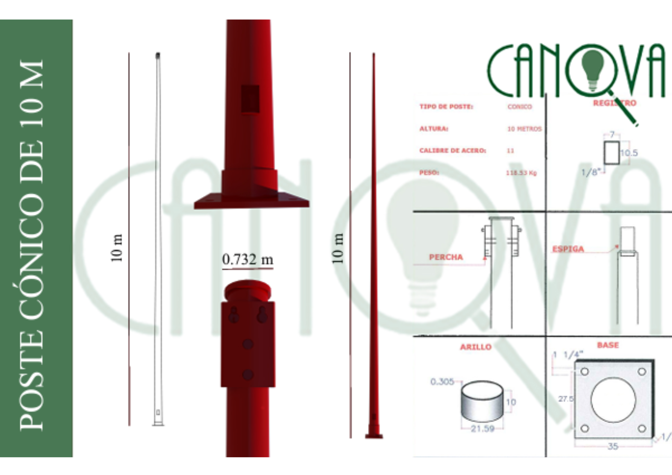 POSTE METÁLICO CÓNICO CIRCULAR 10 MTS
