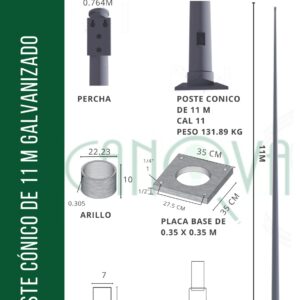 POSTE CONICO GALVANIZADO 11 MTS.