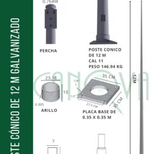 POSTE CONICO GALVANIZADO DE 12 MTS.