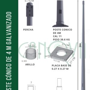 POSTE CONICO GALVANIZADO 4 MTS