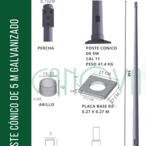 POSTE CONICO GALVANIZADO 5 MTS
