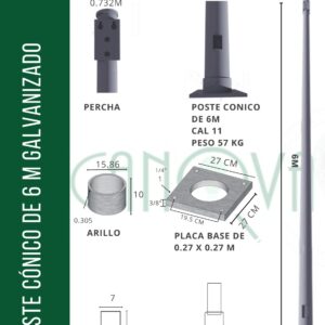 POSTE CONICO GALVANIZADO 6 MTS