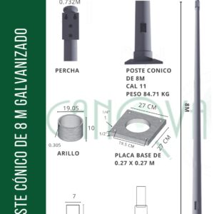 POSTE CONICO GALVANIZADO 8 MTS