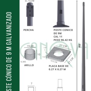 POSTE CONICO GALVANIZADO 9 MTS
